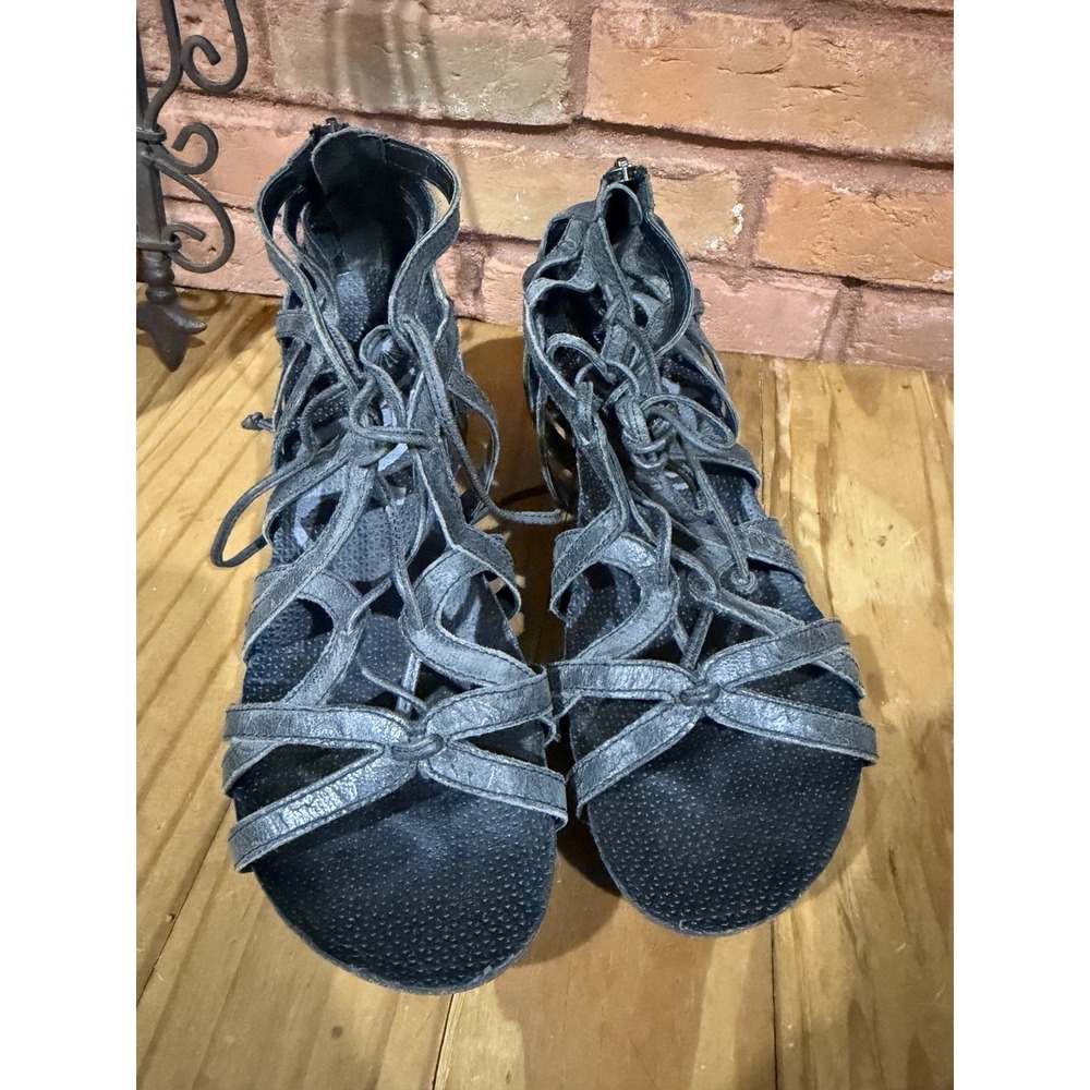OTBT Nomadic Women's 10 Gray Leather Gladiator‎ Lace Up Wedge Sandals Shoes